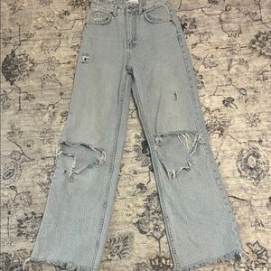Zara Light Blue Distressed Wide Leg Jeans